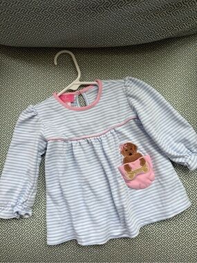 Claire & Charlie Boutique Blue &White Striped Cotton Top with Pink Pocket Puppy